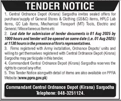 Commandant Central Ordnance Depot Sargodha Tender Notice